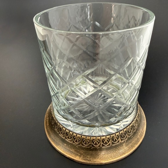 Other - Vintage Cut Crystal Whiskey Glass Heavy Brass Base Diamond Lattice Tumbler